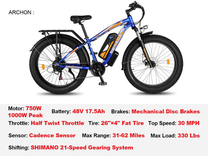 Senada ARCHON PLUS Fat Tire Off-Road E-Bike | 1000W Motor, 78-Mile Range - Wheels of America