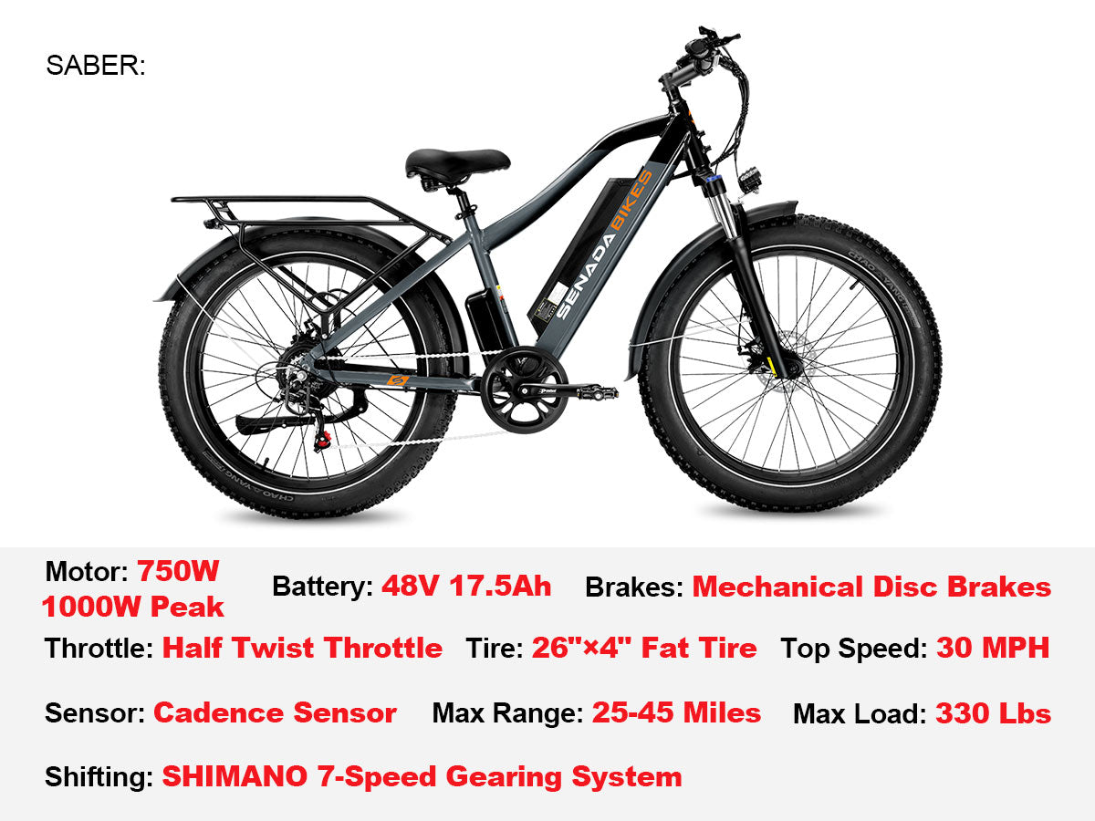 Senada SABER PLUS 1000W Electric Bike | All-Terrain, Hydraulic Brakes, 80 Miles Range - Wheels of America